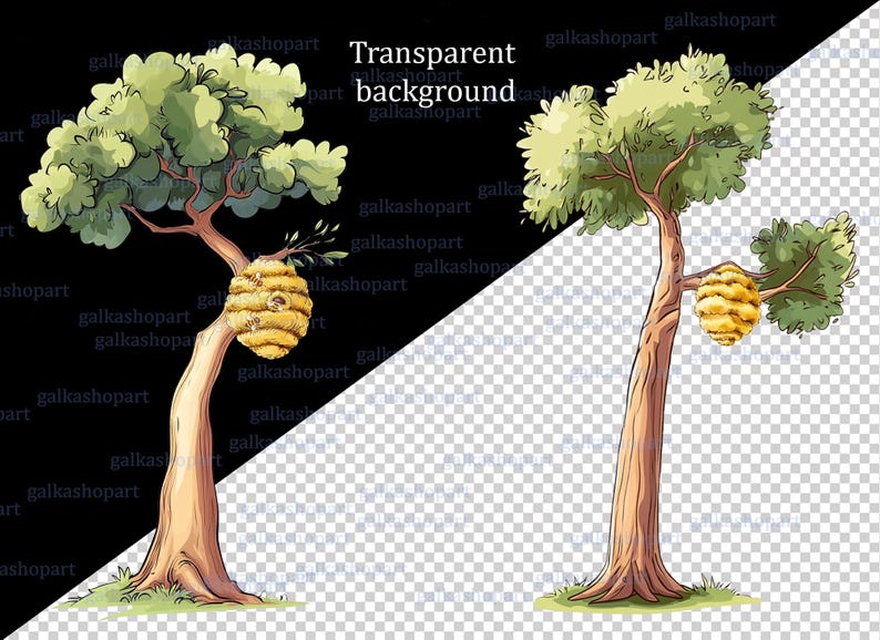 Sommarhögt träd med bikupa, akvarell clipart PNG, Puh-saga, lövträd i skogen för sublimering och tryck av festrekvisita bild 2