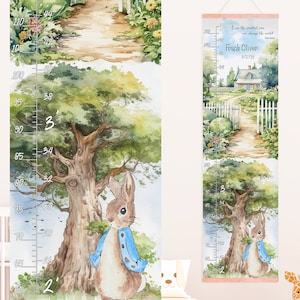 Tabla de crecimiento personalizable de Peter Rabbit: decoración de pared personalizada para guardería de niños y niñas, regalo para el primer cumpleaños de bebé, arte mural de género neutro