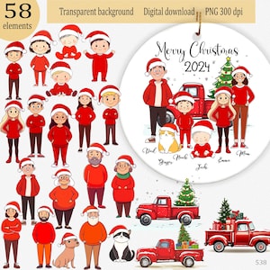 Clipart di famiglia personalizzate in formato PNG per decorazioni natalizie: personalizzabili con cappelli di Babbo Natale per mamma, papà, bambini, nonni e animali domestici. Aggiungi il tuo nome.