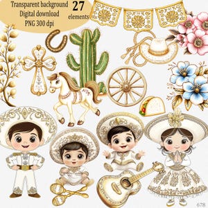 Little Charro & Charrita Clipart - Mexikanische Folklore Aquarellkunst, Baby Junge und Mädchen in Weiß mit Gold, Taufe oder Fiesta Illustration PNG