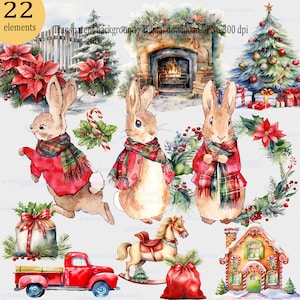 Paquete de 22 imágenes prediseñadas navideñas de Peter Rabbit: conejito Flopsy de acuarela y otros elementos en rojo para la decoración de la fiesta de Navidad, personajes de Beatrix Potter