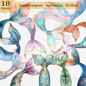 Queues de sirène avec paillettes : clipart png aquarelle, couleurs pastel chatoyantes, fantaisie magique, queue de poisson, nageoires de sirène, graphiques de plage