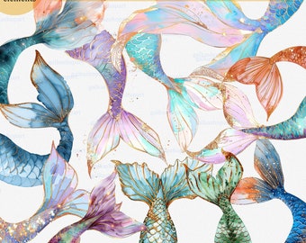 Mermaid tails with glitter: Watercolor png clipart, Shimmering pastel colors, Magical fantasy, Fish tail, Mermaid fin, Sea beach graphics