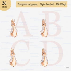 Peter Rabbit Alphabet Clipart: Set aus 26 einzelnen Buchstaben im PNG-Format, neutrales Sublimationsdesign in Aquarellfarbe, Monogramm