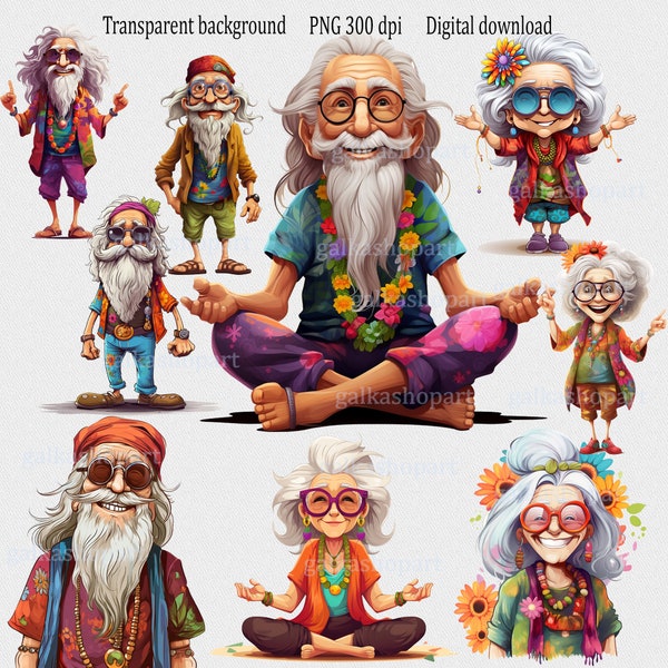Old Hippie woman and man Clipart PNG: Cute happy elderly lady, cartoon graybeard elder, grandmother, grandfather, oldster, Bohemian style