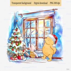 El clásico Winnie the Pooh y Piglet de pie cerca de una acogedora ventana navideña con un árbol decorado y un oso con gorro de Papá Noel. Diseño PNG de acuarela.