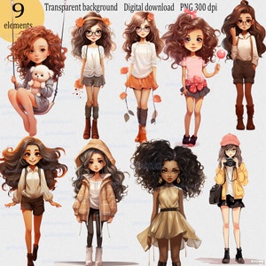 Clipart di una ragazza carina e felice - 9 PNG per diari romantici, tenere illustrazioni ad acquerello, fogli di collage stampabili e tagli elaborati