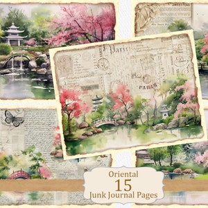 Japanischer Garten, Orientalisches Junk Journal Kit, Vintage druckbare Ephemera, Collage Sheets, Journaling Zubehör, Sakura Baum, Erinnerungsbuch
