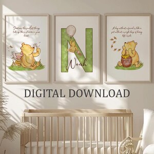 Juego de 3 impresiones de nombre personalizadas clásicas de Winnie the Pooh, arte de pared literario de género neutro para guardería, decoración de habitación infantil, citas vintage, regalo para bebé