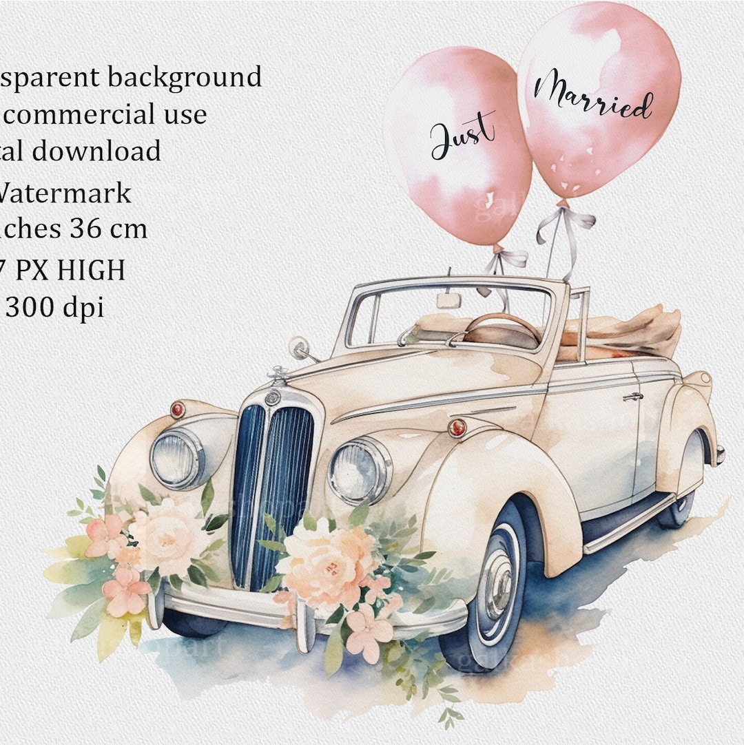 Just Married PNG, Wedding Car Prints, Mr & Mrs Watercolor Clipart, Bridal  Sublimation Designs, Congratulations Card Design, Wall Art 