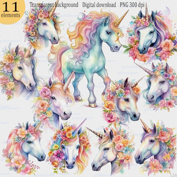 Illustrations set of bright & pastel rainbow unicorn with a pink flower mane: watercolor png clipart, portrait of noble magical flower horse