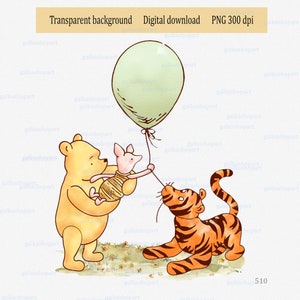 Winnie l'ourson porcelet Tigrou classique avec ballon, ours vintage et ami, Design pour décoration de baby shower et d'anniversaire, Clipart aquarelle PNG