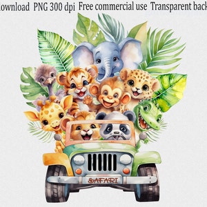 Wild One clipart PNG : bébés animaux dans une voiture de véhicule à toit ouvert Safari, art pour chambre d'enfant jungle aquarelle, 1er anniversaire tropical, conception par sublimation