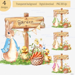 Peter Rabbit Ostern Sublimation: Gartenarbeit Bunny PNG Design, Karotten Korb, Gartenschild, Frühlingsblumen, Aquarell Clipart, Küken Enten