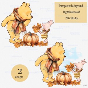 Clipart clásico de acuarela de Winnie the Pooh y Piglet: Oso y cerdo otoñales para el primer Día de Acción de Gracias del bebé, feliz otoño, decoración para la primera cosecha