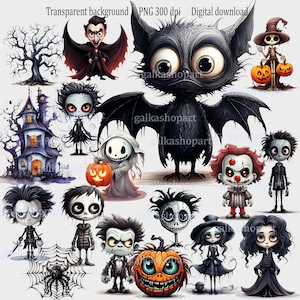 Set of 17 Cute Halloween Watercolor Clipart PNG - Spooky cartoon Characters - Pumpkin, Witch, Spider, Ghost, house, tree, bat, web