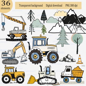 Baufahrzeuge Clipart PNG: Bulldozer, Bagger, Muldenkipper, Traktor, Kran, Straßenmarkierung, Kieshaufen, Baumwolke; minimalistisches Gekritzel