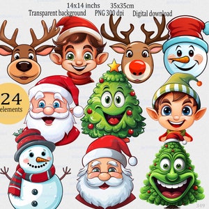Lindo conjunto de imágenes prediseñadas navideñas de 24 elementos: reno, Papá Noel, elfo, muñeco de nieve, árbol de Navidad. Gráficos para sublimación, diseños de invierno, fondo transparente.