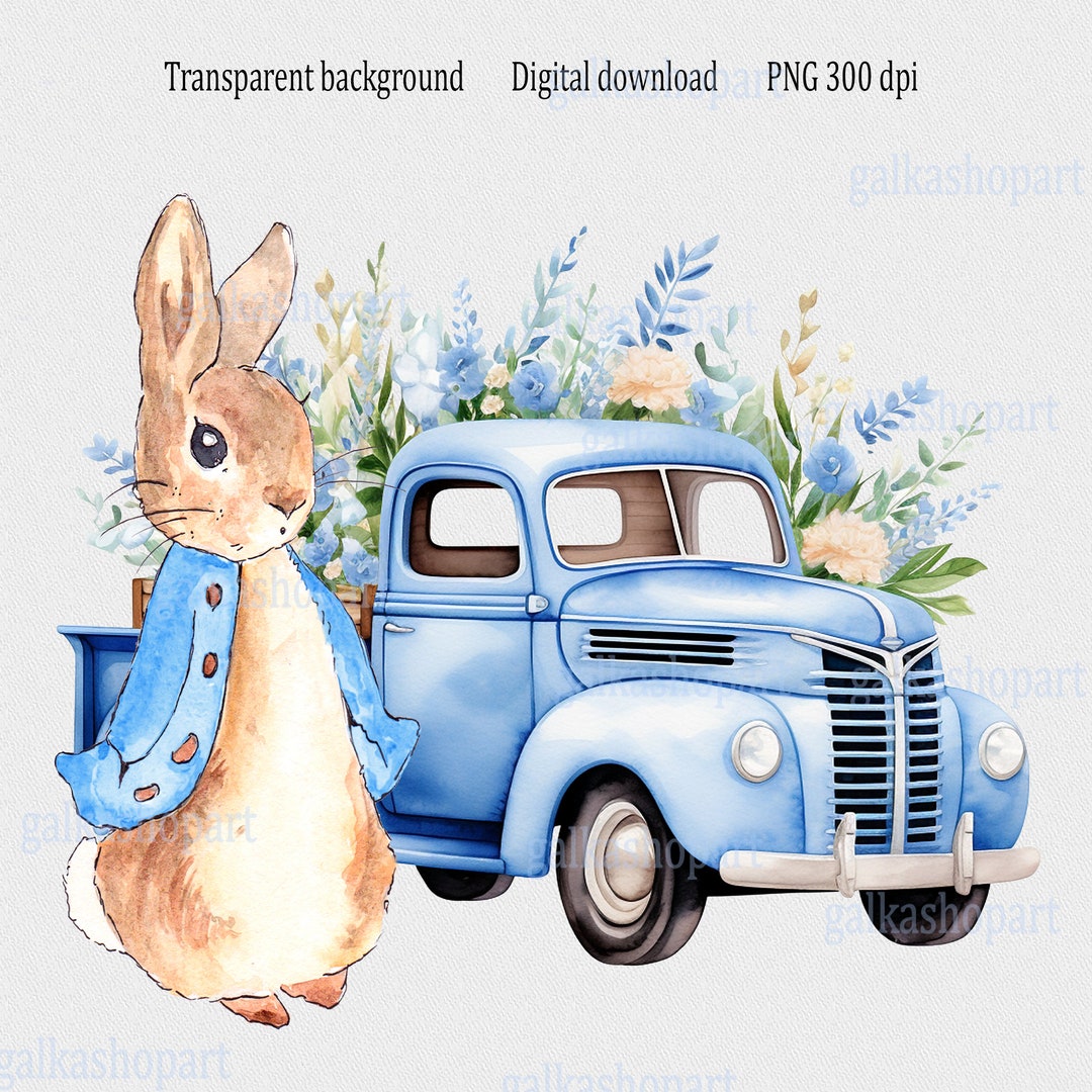 Peter Rabbit Vehicle Blue Peter Rabbit & Truck PNG: Watercolor Bunny With Flowers Clipart ...
