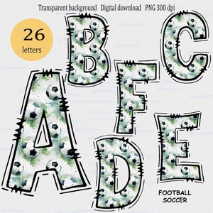 PNG Clipart Set mit 26 einzelnen Doodle Buchstaben des Aquarells mit Fußbällen: Sublimationsdesign, Sportmonogramm, druckbares Fußballalphabet