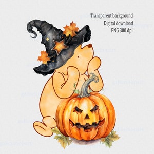 ハロウィーンの定番くまのプーさんの昇華デザイン、秋の子供パーティーの装飾、水彩クマのPNGクリップアート、性別を問わない秋のイメージ