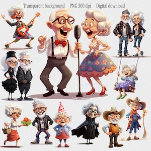 Linda pareja de ancianos cantando felices Clipart PNG: Personajes ancianos caprichosos en estilos punk, gótico, vaquero, abuelos estilo de vida saludable