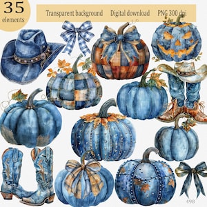Clipart de 35 citrouilles en jean et autres éléments d'automne PNG : Images d'automne à l'aquarelle dans un style rustique, Graphiques d'Halloween à imprimer