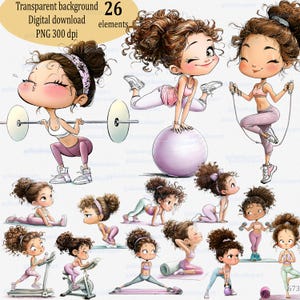 Clipart divertenti di ragazze attive - Ragazze in palestra, yoga ed esercizio fisico, tema del benessere stravagante, simpatici personaggi dell'allenamento, donne sportive dei cartoni animati PNG