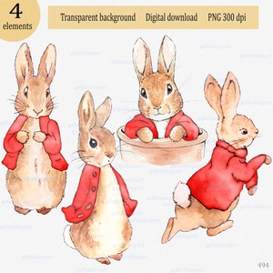 Peter Rabbit or Flopsy Bunny in Red Jacket: Watercolor Christmas PNG Clipart, Beatrix Potter Baby&#39;s First Holiday Sublimation Design