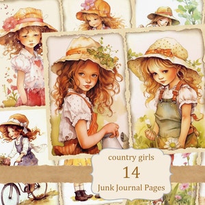 Vintage Junk Journal Kit: Country Little Girl - Druckbare Seiten, Cottage Mädchen, Kinder Aquarell Illustration, Enkelin, Erinnerungsbuch