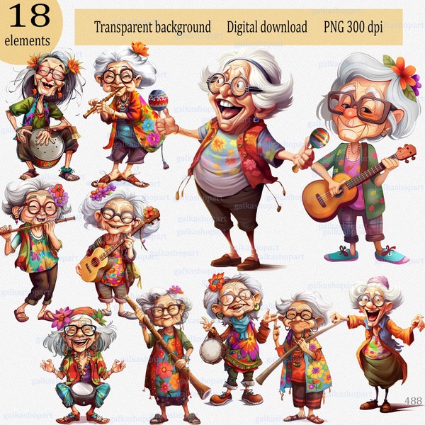 Funny old ladies playing ethno musical instruments Clipart PNG: cute grandmother - musician, ukulele, hand pan, didgeridoo, maracas, flute
