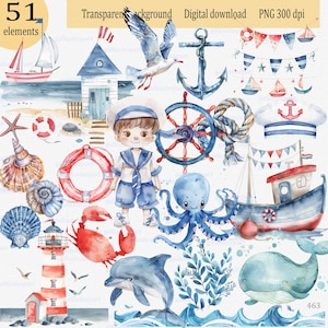 Clipart nautique aquarelle png « Little Sailor » : voyage en été sur la plage côtière, océan sous-marin sous la mer, anniversaire de naissance du sexe de baby shower