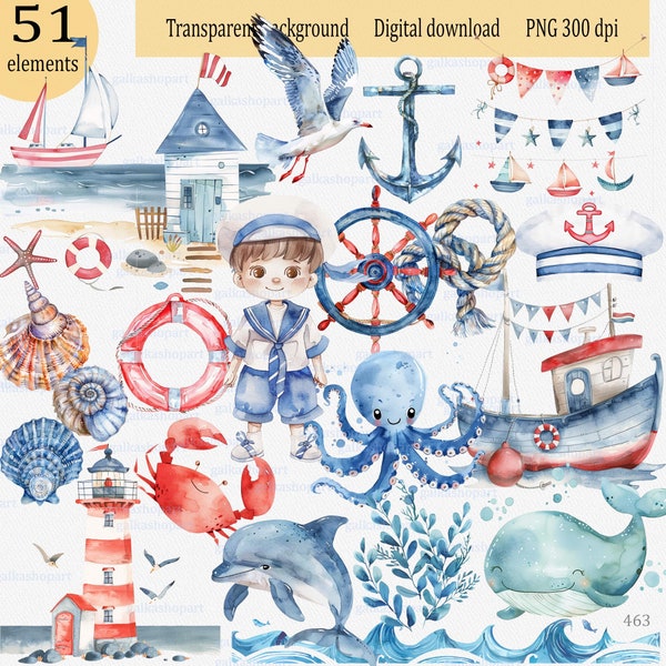 Watercolor nautical clipart png "Little Sailor": Summer Coastal Beach Travel, Ocean Marine Under the Sea, Baby Shower Gender Reveal Birthday