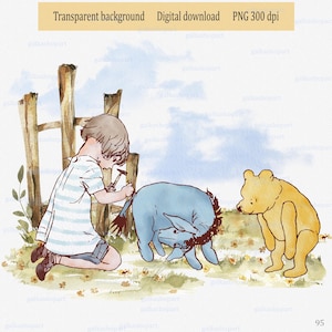 Clásico Winnie the Pooh, Christopher Robin y Burro Eeyore, diseño de sublimación, baby shower, decoración de cumpleaños, clipart de acuarela PNG, arte mural