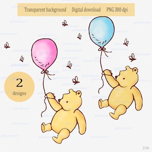 Osito Winnie vintage en globo PNG: clipart de sublimación de acuarela para baby shower, cumpleaños, imprimible para guardería, arte clásico de cuentos