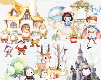 May include: A set of 35 watercolor illustrations featuring characters and objects from fairy tales. The set includes a cottage, a well, a chest, a deer, a squirrel, a hedgehog, a rabbit, a witch, a prince, a princess, a queen, seven dwarfs, a cauldron, a potion bottle, a book, a bird, a turtle, an apple, and a castle.