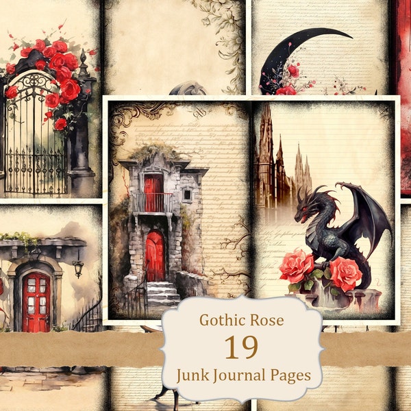 Kit diario spazzatura rosa gotica, 19 pagine stampabili di Goth, diario delle streghe, libro delle ombre, illustrazione mistica, carta digitale acquerello