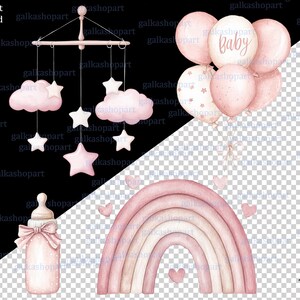 Pink Baby Girl Clipart Set: Watercolor Nursery Decor, Stroller, Toys ...