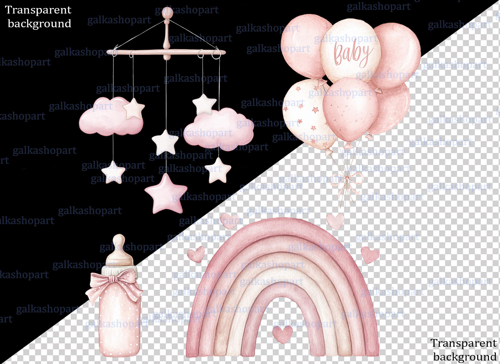 Pink Baby Girl Clipart Set: Watercolor Nursery Decor, Stroller, Toys ...