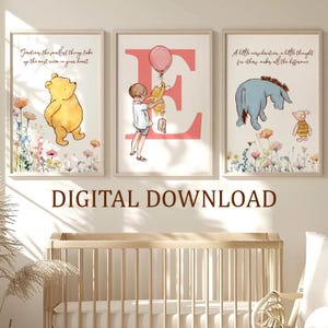 Juego de 3 impresiones de nombre personalizadas clásicas de Winnie the Pooh, arte de pared para guardería de niña literaria, decoración de habitación infantil, citas vintage, regalo para bebé recién nacido