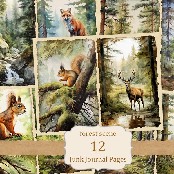 Watercolor Forest Scene, Forest Walk Junk Journal Kit, Mountains Scrapbooking Supplies, Woodland Animals, Ephemera Papers, Printable Pages