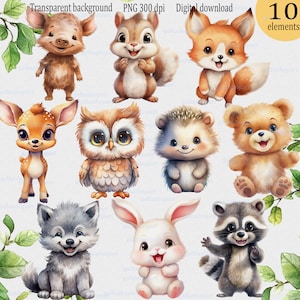Schattige bos babydieren png-clipart, kinderkamerinrichting, aquarel kawaii bosdier: beer vos uil egel konijn hert, set van 10