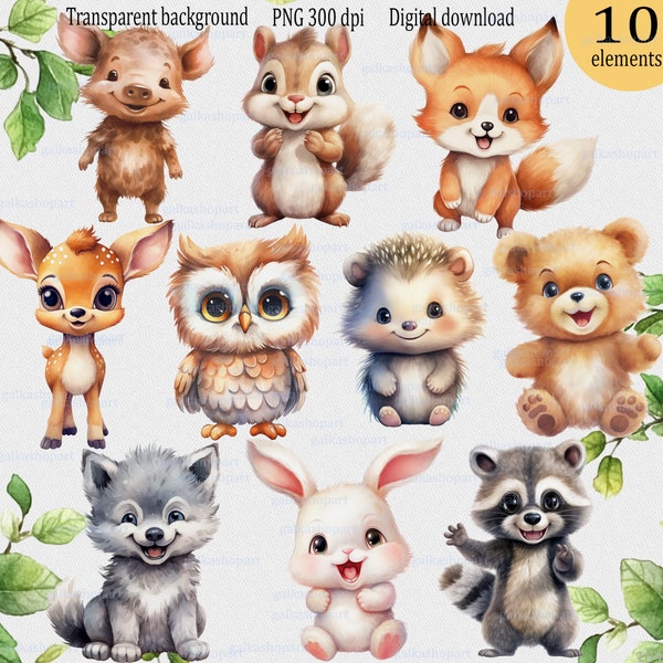 Watercolor Clipart of 10 Cute Woodland Baby Animals, Nursery decor, Transparent PNG, Kawaii forest animal: bear fox owl hedgehog rabbit deer