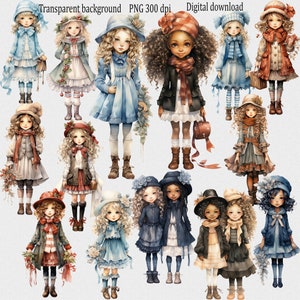 Clipart hiver country filles : Collection de Noël de 14 fichiers PNG pour de tendres illustrations, journal indésirable, scrapbooking, graphiques de planificateur