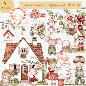 Clipart Cottagecore aquarelle, PNG ferme printanier vintage, animaux mignons et fleurs, Art rustique de la chambre d'enfant, pièce de fraise, Vichy rouge à pois