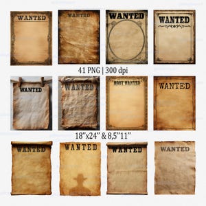 May include: A selection of vintage "WANTED" posters with aged paper textures and decorative borders. The posters display the word "WANTED" in bold, distressed fonts. Sizes include 45.7cm x 61cm and 21.6cm x 28cm.