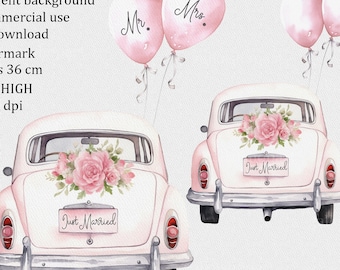 May include: Watercolor illustration of two pink vintage cars decorated with pink roses and a "Just Married" sign. Pink balloons with "Mr." and "Mrs." text float above. A romantic wedding theme.