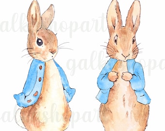 Peter Rabbit and Flopsy Bunny in blue jacket for sublimation, A3 watercolor clipart PNG, Beatrix Potter illustration, transparent background