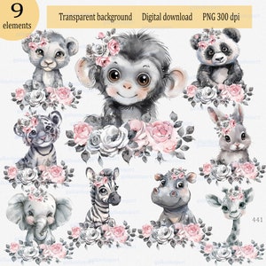 Imágenes prediseñadas monocromáticas PNG de animales bebés con borde de rosas: mono, león, tigre, conejito, panda, hipopótamo, elefante, cebra, jirafa, diseño floral de acuarela