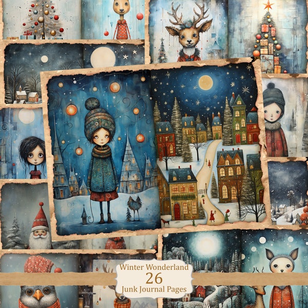 26 Mixed Media Christmas Junk Journal Pages: Whimsical Winter Wonderland, 52 Textured Printable illustration, Folk Art Xmas Journal